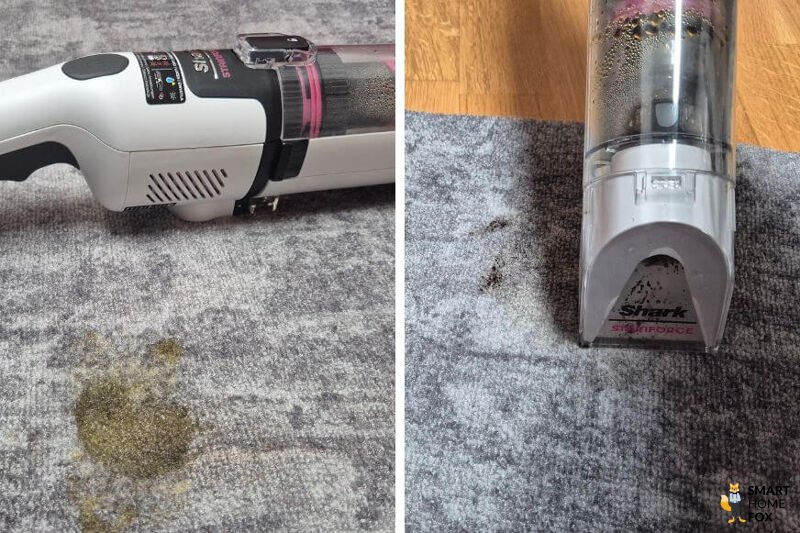 Vorher-nachher-Vergleich: Der Shark Stainforce entfernt einen Kaffeefleck auf einem hellen Teppich fast rückstandsfrei.